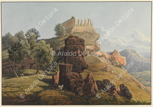 Vue du Temple de Junon Lucine et des débris des anciens murs d'Agrigente - Voyage pittoresque en Sicile dédié à son altesse royale Madame la Duchesse de Berry. Tome premier