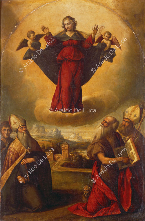 Madonna in der Glorie mit dem heiligen Hieronymus, dem heiligen Ambrosius, dem heiligen Augustinus und einer Verehrerin