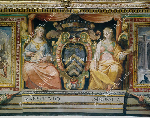 Wappen von Costaguti mit allegorischen Figuren der Sanftmut und Bescheidenheit