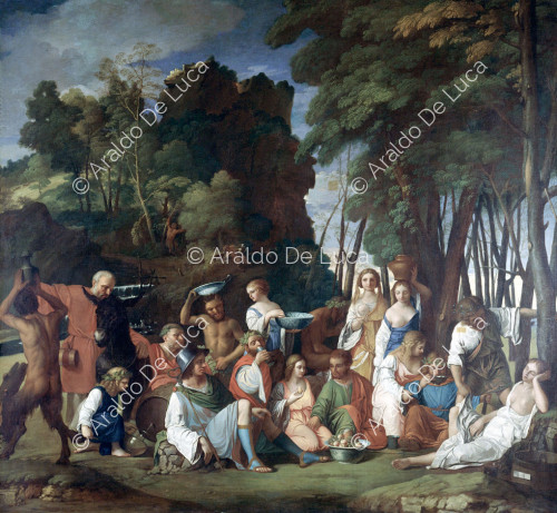 Bacanal o Fiesta de los Dioses, copia del original de Giovanni Bellini, retocada por Tiziano. Detalle