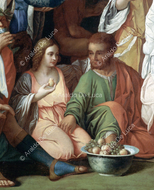 Bacanal o Fiesta de los Dioses, copia del original de Giovanni Bellini retocada por Tiziano. Detalle con escena erótica