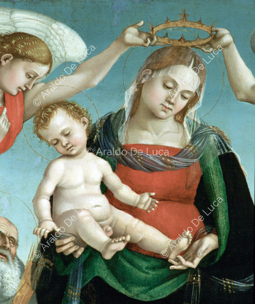 Madonna mit Kind in der Glorie mit den Heiligen Petrus, Paulus, Bernhard und Stephanus. Ausschnitt