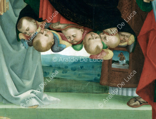 Vierge à l'enfant en gloire avec les saints Pierre, Paul, Bernard et Étienne. Détail avec têtes de chérubins