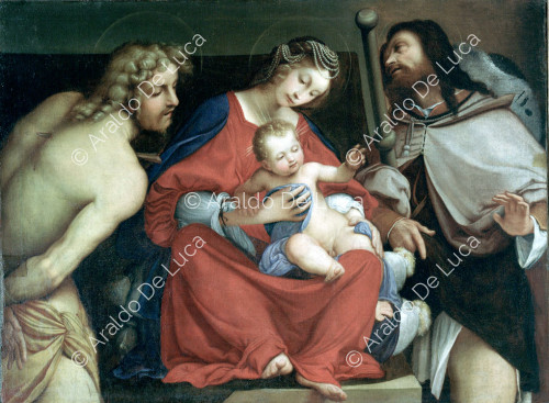 Vierge à l'enfant entre saint Roch et saint Sébastien. Copie de l'original de Lotto de 1522. Détail