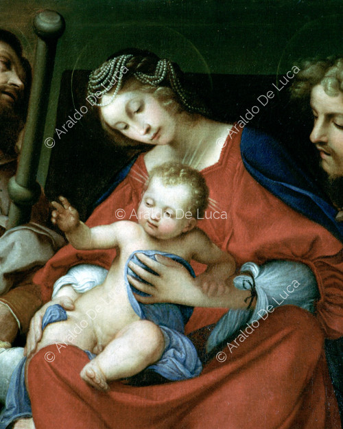 Madonna con Bambino tra San Rocco e San Sebastiano. Copia dall'originale del Lotto del 1522. Particolare