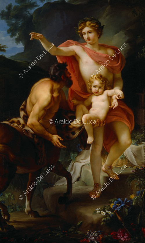 Apollo delivers Achilles as a child to Chiron
