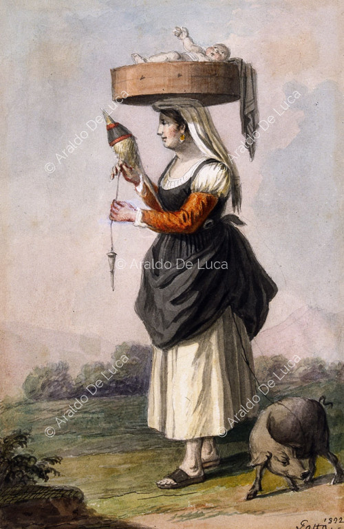 Costume féminin traditionnel de Calabre - Femme avec panier, enfant et animal