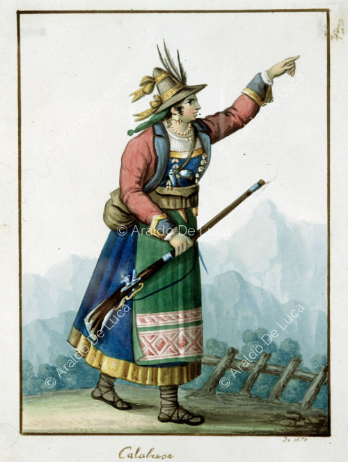 Traditional Calabrian female costume - Woman with rifle and saddlebag