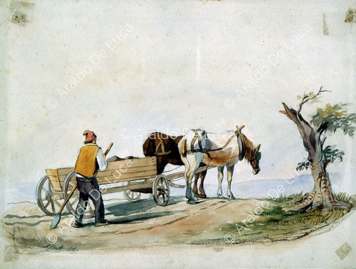 Farmer with cart and mules