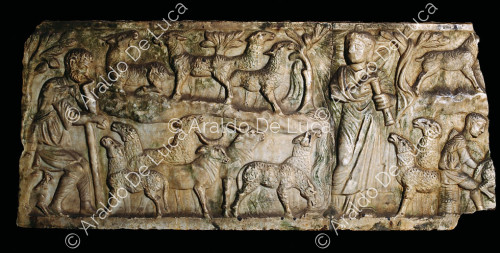 Front of sarcophagus with deceased and Christ the Good Shepherd