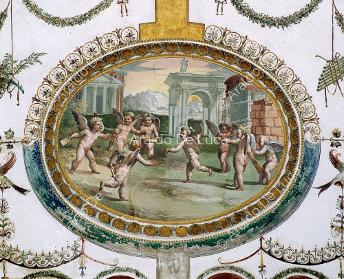 Cupidos jugando con ruinas romanas al fondo