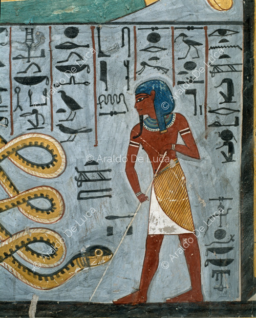 El dios Atum contra la serpiente Apopi. Libro de las Puertas