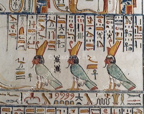 Amduat: three birds of prey with human heads and double crowns