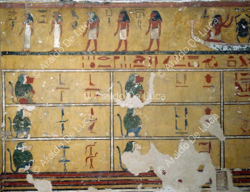 Amduat: sun boat and baboons in hieratic pose