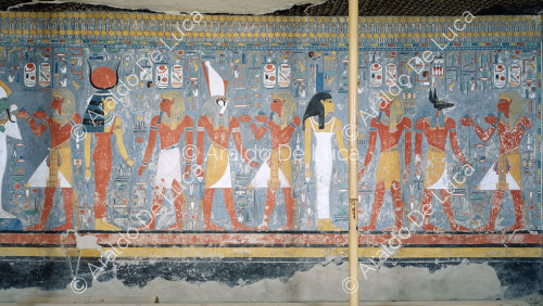 Horemheb con Osiride, Hathor, Horus, Iside e Anubi