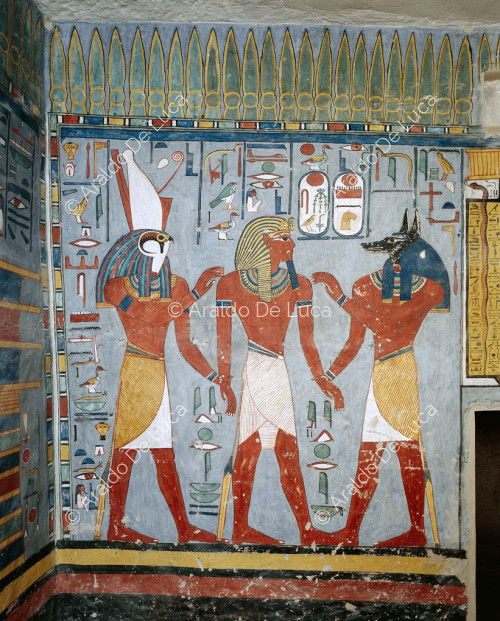 Ramsés I entre Horus y Anubis