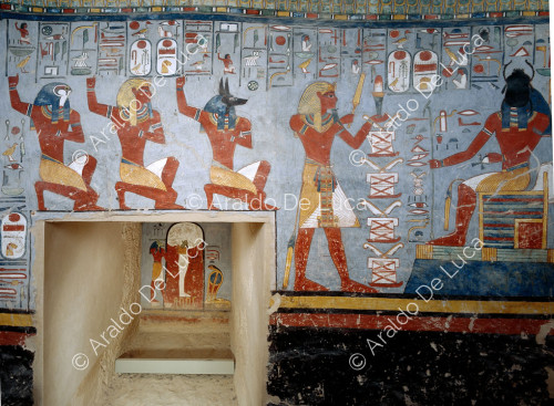 Ramsès Ier devant Khepri et lors de l'exécution du rituel du henu