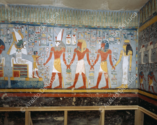 Ramesse I condotto davanti ad Osiride da Horus, Atum e Neith