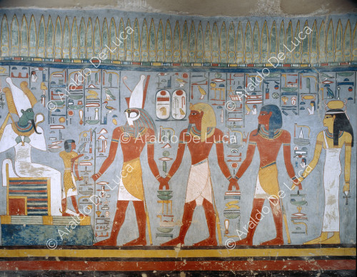 Ramesse I condotto davanti ad Osiride da Horus, Atum e Neith