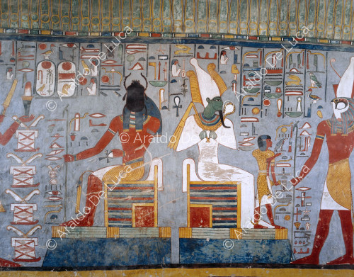 Ramesses I in front of Khepri and Osiris