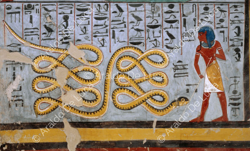 El dios Atum contra la serpiente Apopi. Libro de las Puertas