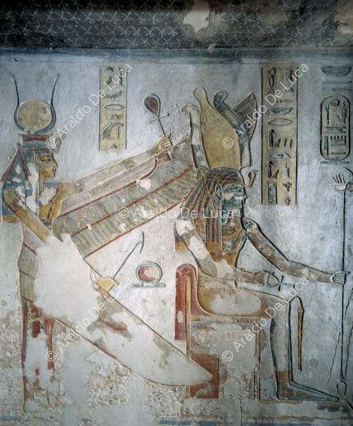 Ptah-Sokar-Osiris, protected by Isis, receives incense from Ramesses III