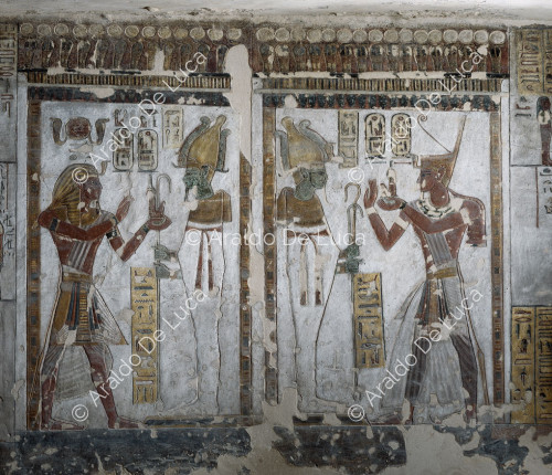 Double image of Ramesses III in front of Osiris