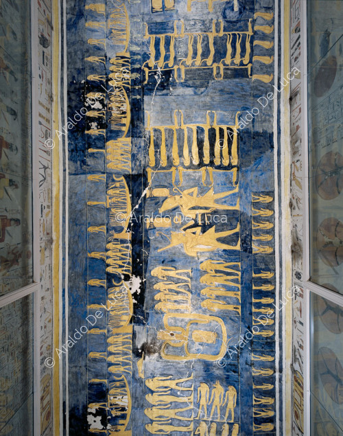Fahrt des Sonnenschiffs und Gruppen von Gottheiten mit der Schlange Mehen und Figuren von Ramses IX.
