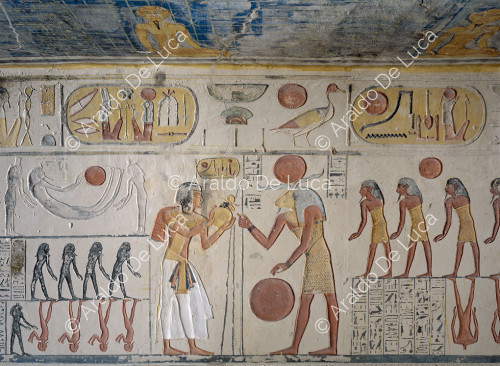 Livre de la grotte : Ramsès IX procède à des libations, divinités et ennemis décapités et renversés