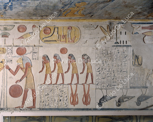Cave Book: Ramesses IX performs libations, deities and beheaded enemies