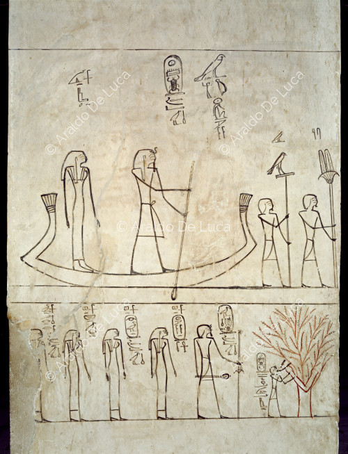 Tutmosis en la barca con Isis, con las reinas egipcias y amamantado por Isis diosa del sicomoro