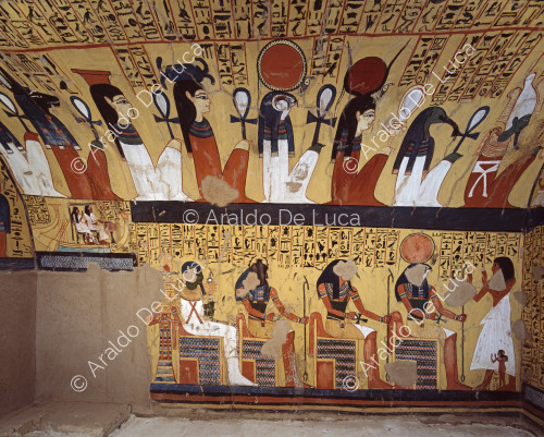 Vue d'ensemble du mur droit : sur la partie voûtée, la procession des dieux et en bas, Pashedu adorant les dieux sur un trône.