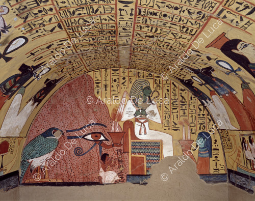 Der thronende Gott Osiris mit dem Berg des Westens im Rücken.