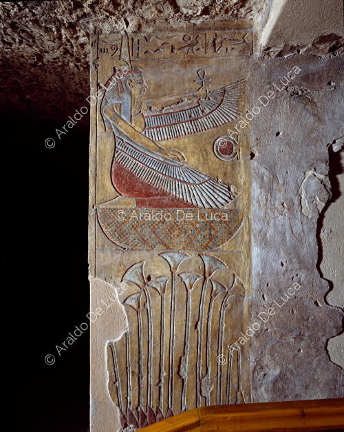 Winged Maat above papyrus plants symbolising Lower Egypt
