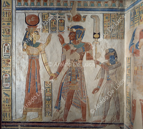 Ramsés III y Amonherkhepshef en presencia de Hathor