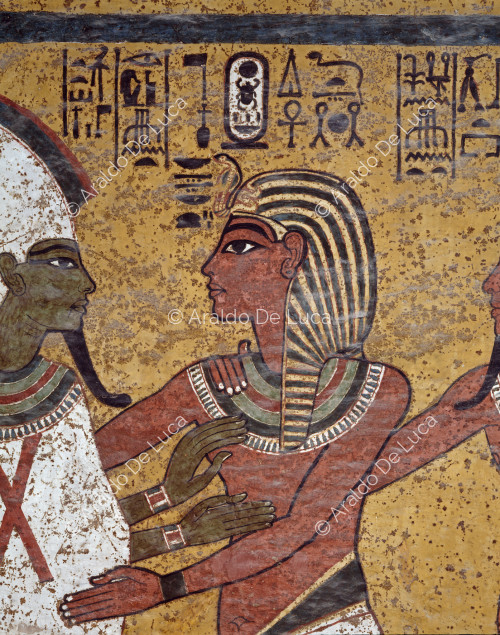 Pharao Tutanchamun und der Gott Osiris. Ausschnitt
