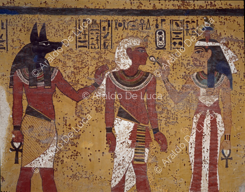 The king between the goddess Hathor and Anubis