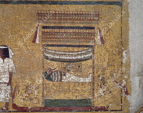 Momia del rey tirada por cortesanos. Detalle