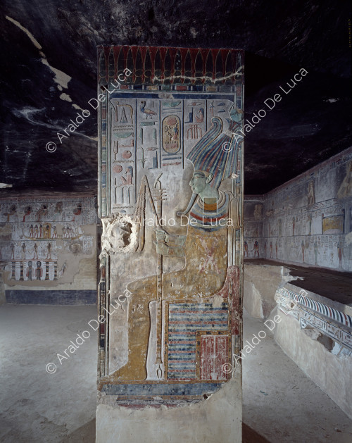 Seti I. als Osiris auf einem Thron sitzend