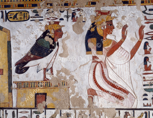 Nefertari como pájaro ba y adorando a Atum