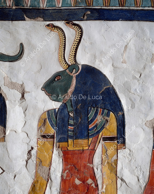 Detail of the guardian god with lion's head and serpents from the Book of the Dead