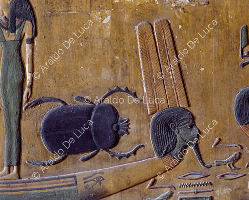 Amduat: second hour. Boat with Hathoric sistrum and scarab