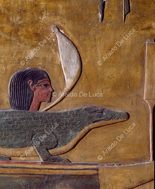 Amduat: second hour. Boat with big lizard