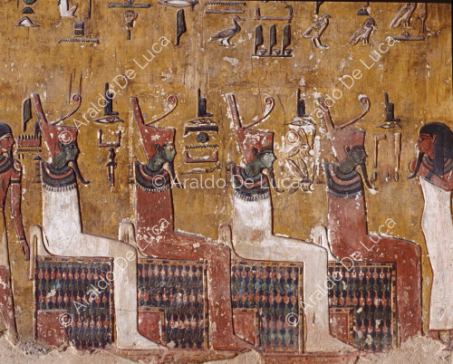 Amduat, third hour: four forms of Osiris and two goddesses