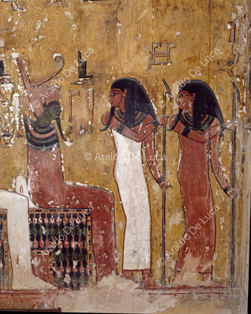 Amduat, third hour: four forms of Osiris and two goddesses