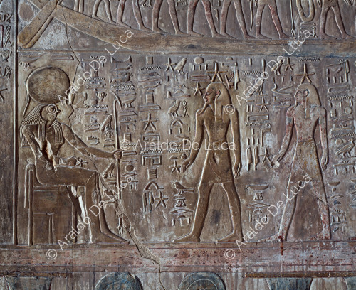 Amduat, seventh hour: god enthroned with personifications of the stars