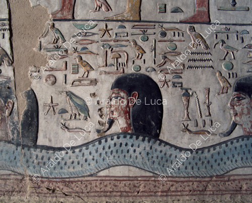 Amduat, sixth hour: detail with the four sons of Horus