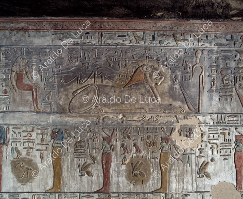 Amduat, sesta ora: dio leone e dei mummificati