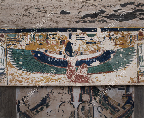 The winged goddess Maat protects the cartouches of Seti I