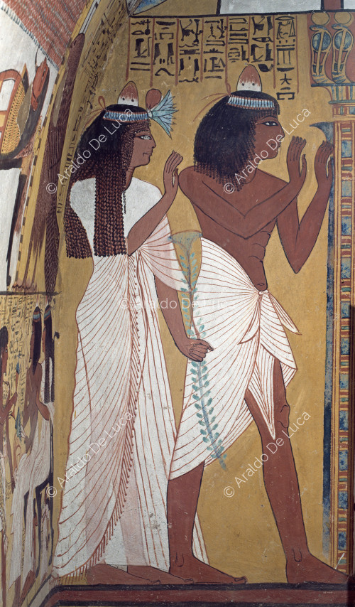Sennedjem and his wife at prayer. Detail of the burial chamber.